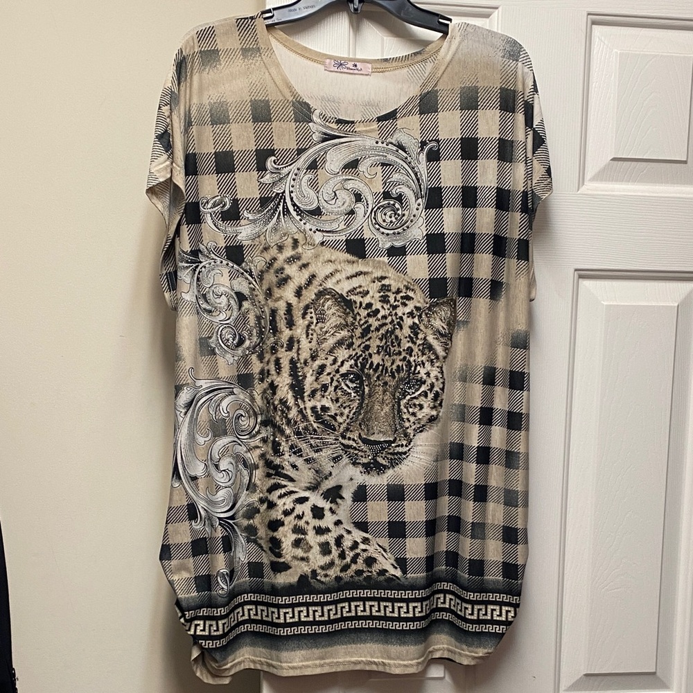 Blossom by P Leopard Print Checkered Top with rhinestones